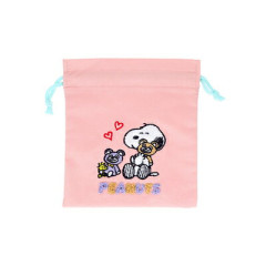 Japan Peanuts Embroidered Drawstring Bag - Snoopy & Woodstock : Cuddly Bears Pink