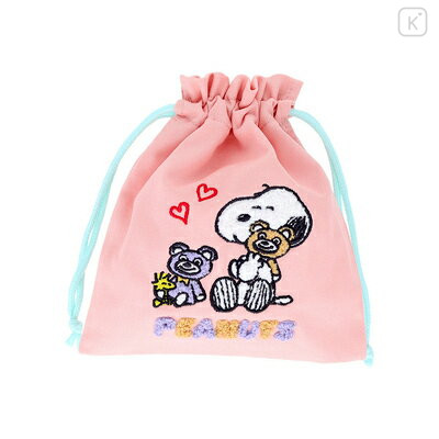Japan Peanuts Embroidered Drawstring Bag - Snoopy & Woodstock : Cuddly Bears Pink - 3