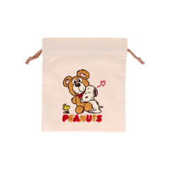 Japan Peanuts Embroidered Drawstring Bag - Snoopy & Woodstock : Cuddly Bears Beige Brown