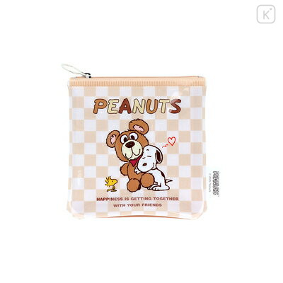 Japan Peanuts Flat Mini Pouch - Snoopy & Woodstock : Cuddly Bears Beige Brown - 1