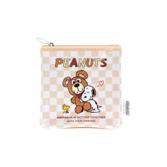 Japan Peanuts Flat Mini Pouch - Snoopy & Woodstock : Cuddly Bears Beige Brown