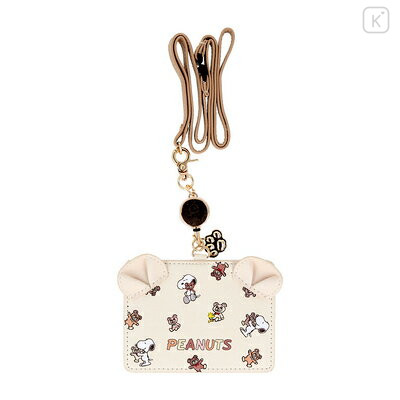 Japan Peanuts Pass Case Card Holder & Reel - Snoopy & Woodstock : Cuddly Bears Beige Brown - 1