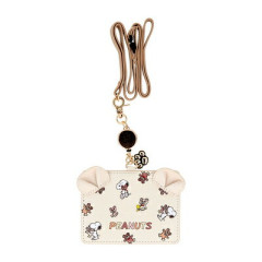 Japan Peanuts Pass Case Card Holder & Reel - Snoopy & Woodstock : Cuddly Bears Beige Brown