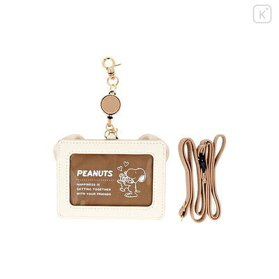 Japan Peanuts Pass Case Card Holder & Reel - Snoopy & Woodstock : Cuddly Bears Beige Brown - 2