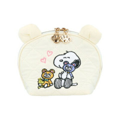 Japan Peanuts Round Cosmetic Pouch - Snoopy & Woodstock : Cuddly Bears White