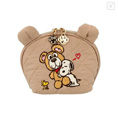 Japan Peanuts Round Cosmetic Pouch - Snoopy & Woodstock : Cuddly Bears Brown - 1