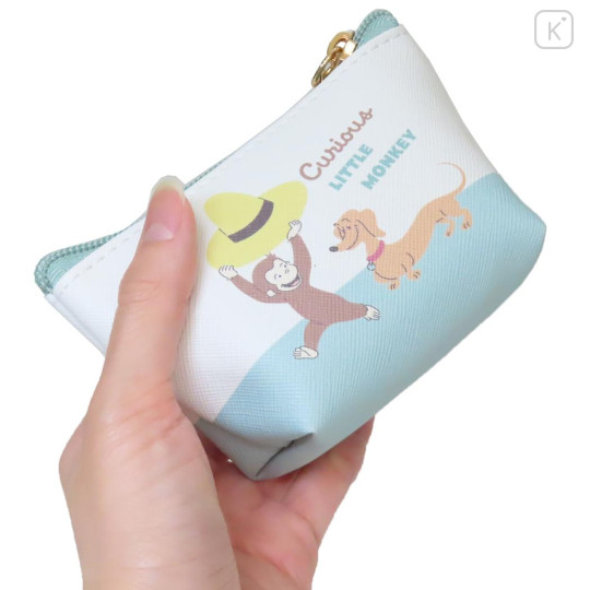 Japan Curious George Triangular Mini Pouch - Playing Light Green Blue - 2