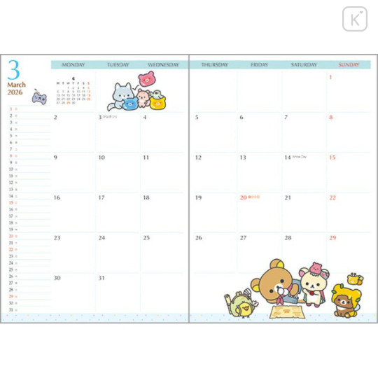 Japan San-X B6 Monthly Schedule Book - Rilakkuma : Always Together 2026 - 2