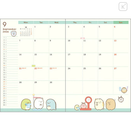 Japan San-X B6 Monthly Schedule Book - Sumikko Gurashi : Relaxing Window Seat 2026 - 2