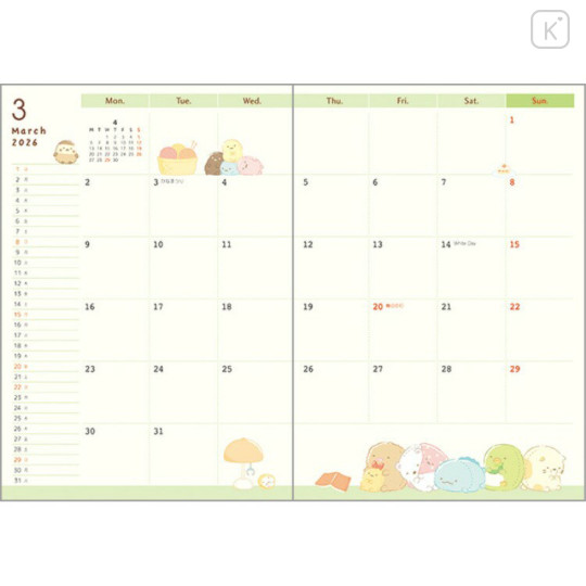 Japan San-X B6 Monthly Schedule Book - Sumikko Gurashi : Relax 2026 - 2