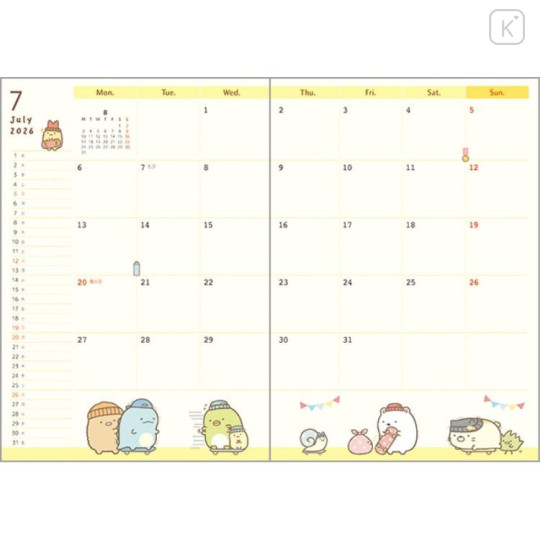 Japan San-X B6 Monthly Schedule Book - Sumikko Gurashi : Relax 2026 - 6