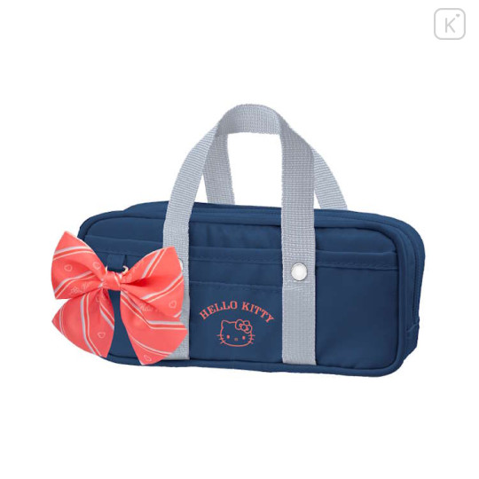 Japan Sanrio Boston Bag Pen Case - Hello Kitty : Gogo Gal Collection Navy Orange Red Ribbon - 1