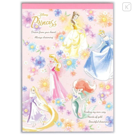 Japan Disney A6 Notepad - Princess Ariel Rapunzel Belle Cinderella Aurora - 1