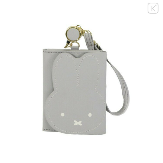 Japan Miffy Tri-fold Pass Case Card Holder & Reel - Miffy : Face Grey - 1
