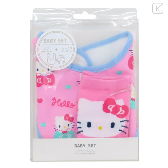 Japan Sanrio Bib & Socks Set - Hello Kitty : Pink Ribbon - 1