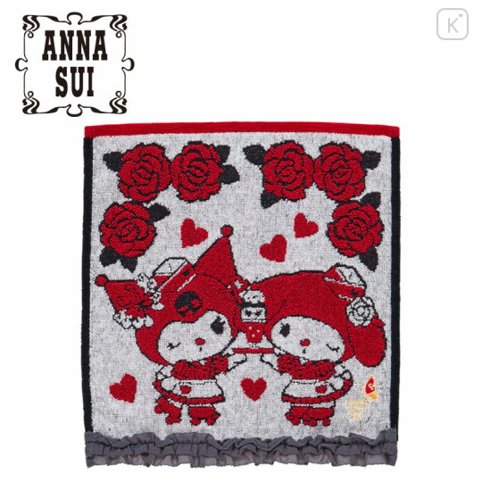 Japan Sanrio × Anna Sui Mini Towel Jacquard Handkerchief - My Melody 50th & Kuromi 20th Anniversary Ruffle Red - 1
