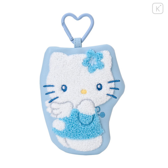 Japan Sanrio Mascot Mini Pouch with Carabiner - Hello Kitty : Sky Blue Sparkling Angel Embroidered - 1
