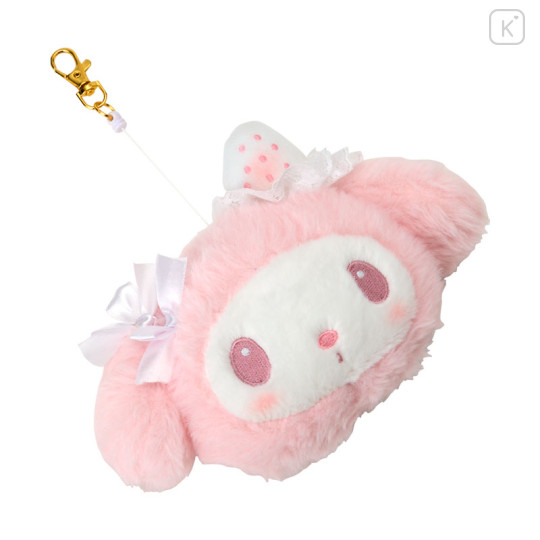 Japan Sanrio Plush Pass Case with Reel - My Melody : White Strawberry Tea Time - 3