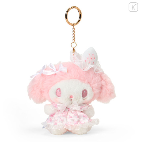 Japan Sanrio Mini Plush Pouch with Carabiner - My Melody : White Strawberry Tea Time - 1