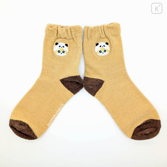 Japan Mofusand Fluffy Low Crew Socks - Panda Cat Embroidery Caramel - 1