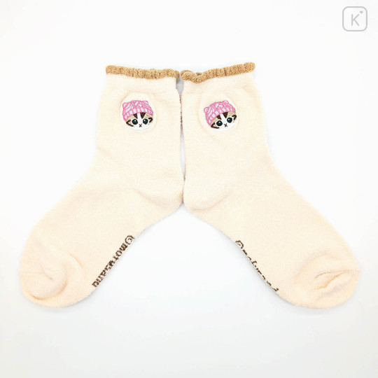 Japan Mofusand Fluffy Low Crew Socks - Knit Cap Cat Embroidery Ivory - 1