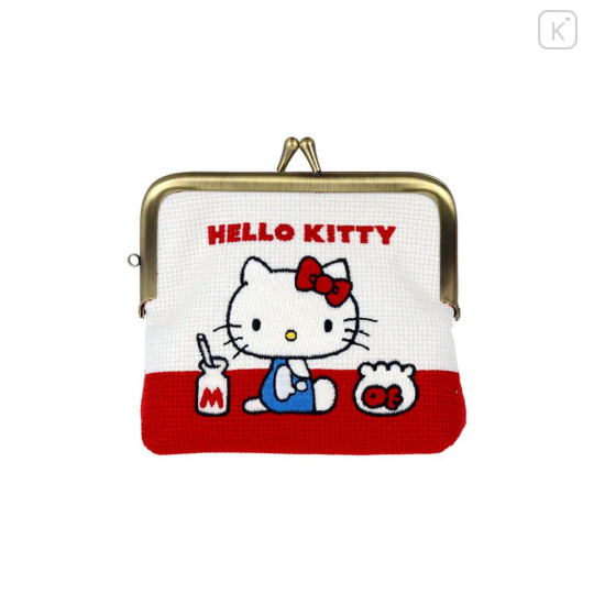 Japan Sanrio Mini Gamaguchi Clasp Pouch - Hello Kitty : Embroidered Red - 1