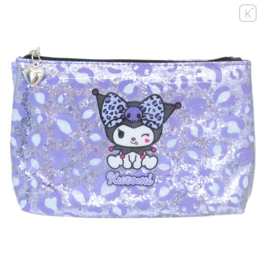 Japan Sanrio Glitter Flat Pouch Pencil Case - Kuromi : Gal Art Big Ribbon Leopard - 1