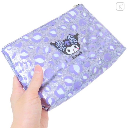 Japan Sanrio Glitter Flat Pouch Pencil Case - Kuromi : Gal Art Big Ribbon Leopard - 2