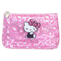 Japan Sanrio Glitter Flat Pouch Pencil Case - Hello Kitty : Gal Art Big Ribbon Leopard