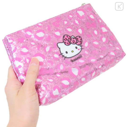 Japan Sanrio Glitter Flat Pouch Pencil Case - Hello Kitty : Gal Art Big Ribbon Leopard - 2