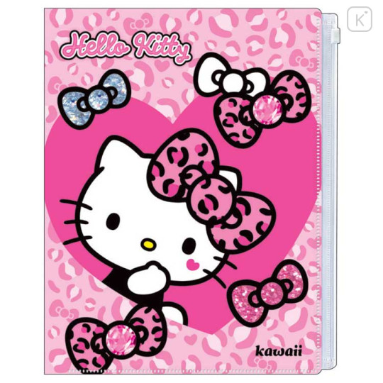 Japan Sanrio A4 Zipper 6 Pockets Clear File - Hello Kitty : Gal Art Big Ribbon Leopard - 1
