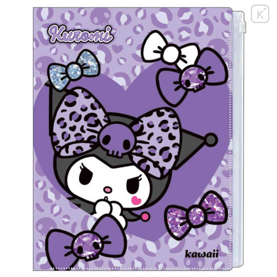 Japan Sanrio A4 Zipper 6 Pockets Clear File - Kuromi : Gal Art Big Ribbon Leopard - 1