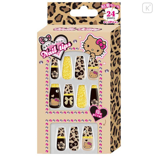 Japan Sanrio Nail Tips - Hello Kitty : Tan Gal Art Big Ribbon Leopard - 1