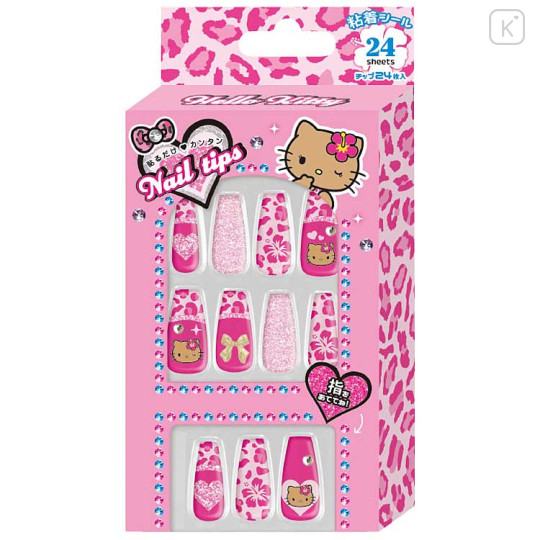 Japan Sanrio Nail Tips - Hello Kitty : Tan Gal Art Big Ribbon Leopard Pink - 1