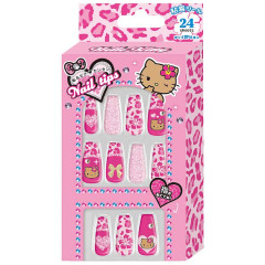 Japan Sanrio Nail Tips - Hello Kitty : Tan Gal Art Big Ribbon Leopard Pink