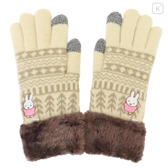Japan Miffy Embroidery Smartphone Compatible Gloves - Miffy : Beige With Fur - 1