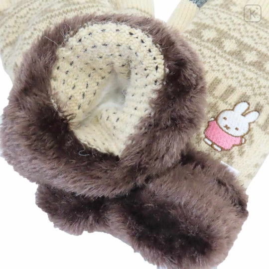 Japan Miffy Embroidery Smartphone Compatible Gloves - Miffy : Beige With Fur - 3