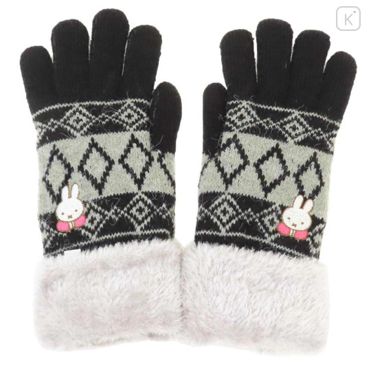 Japan Miffy Embroidery Smartphone Compatible Gloves - Miffy : Black White With Fur - 1