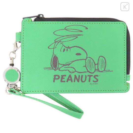 Japan Peanuts Pass Case Card Holder & Coin Case & Reel - Snoopy : Green - 1