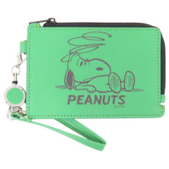 Japan Peanuts Pass Case Card Holder & Coin Case & Reel - Snoopy : Green