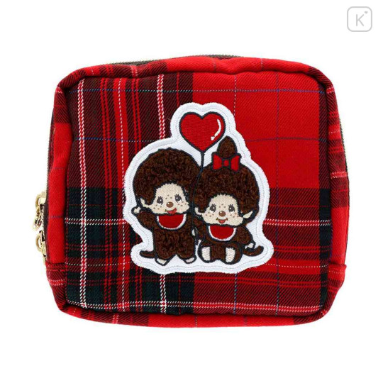 Japan Monchhichi Square Cosmetic Pouch - Plaid Red - 1