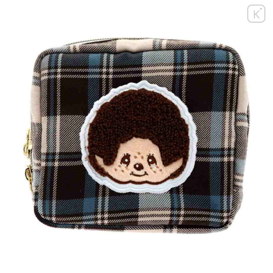Japan Monchhichi Square Cosmetic Pouch - Plaid - 1