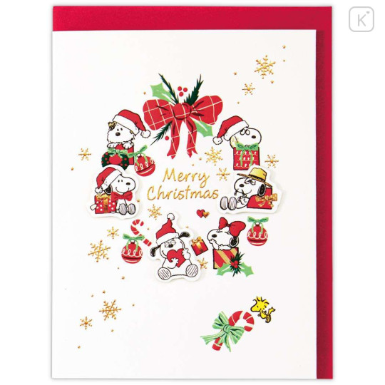 Japan Peanuts 3D Greeting Card - Snoopy : Brothers Christmas Wreath - 2