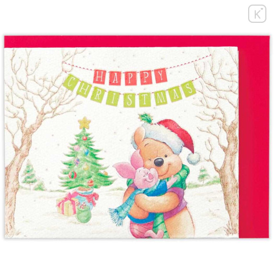 Japan Disney 3D Greeting Card - Piglet & Pooh : Mini Christmas Tree Hug - 2