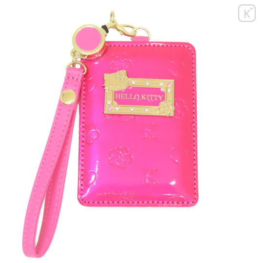 Japan Sanrio Pass Case Card Holder & Reel - Hello Kitty : Patent Leather Fuchsia Pink - 1