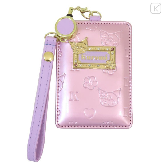 Japan Sanrio Pass Case Card Holder & Reel - Kuromi : Patent Leather Pink Purple - 1
