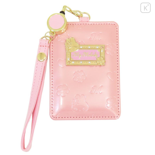 Japan Sanrio Pass Case Card Holder & Reel - My Melody : Patent Leather Pink - 1