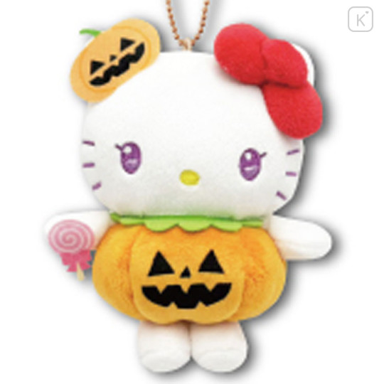 Japan Sanrio Mascot Holder Mini Plush Pouch - Hello Kitty : Halloween Pumpkin - 1