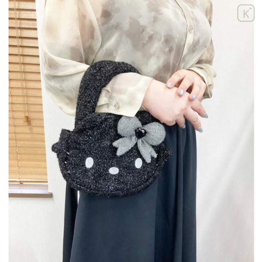 Japan Sanrio Plush Die-Cut Mascot Handbag - Hello Kitty : Black Angel Glitter Face - 3