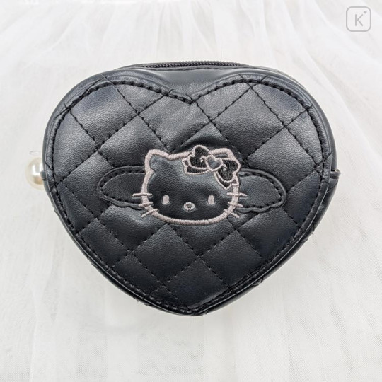 Japan Sanrio Quilted Heart Pouch - Hello Kitty : Black Angel - 1